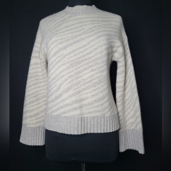 White + Warren Gray and White Zebra Stripe Cashmere Sweater